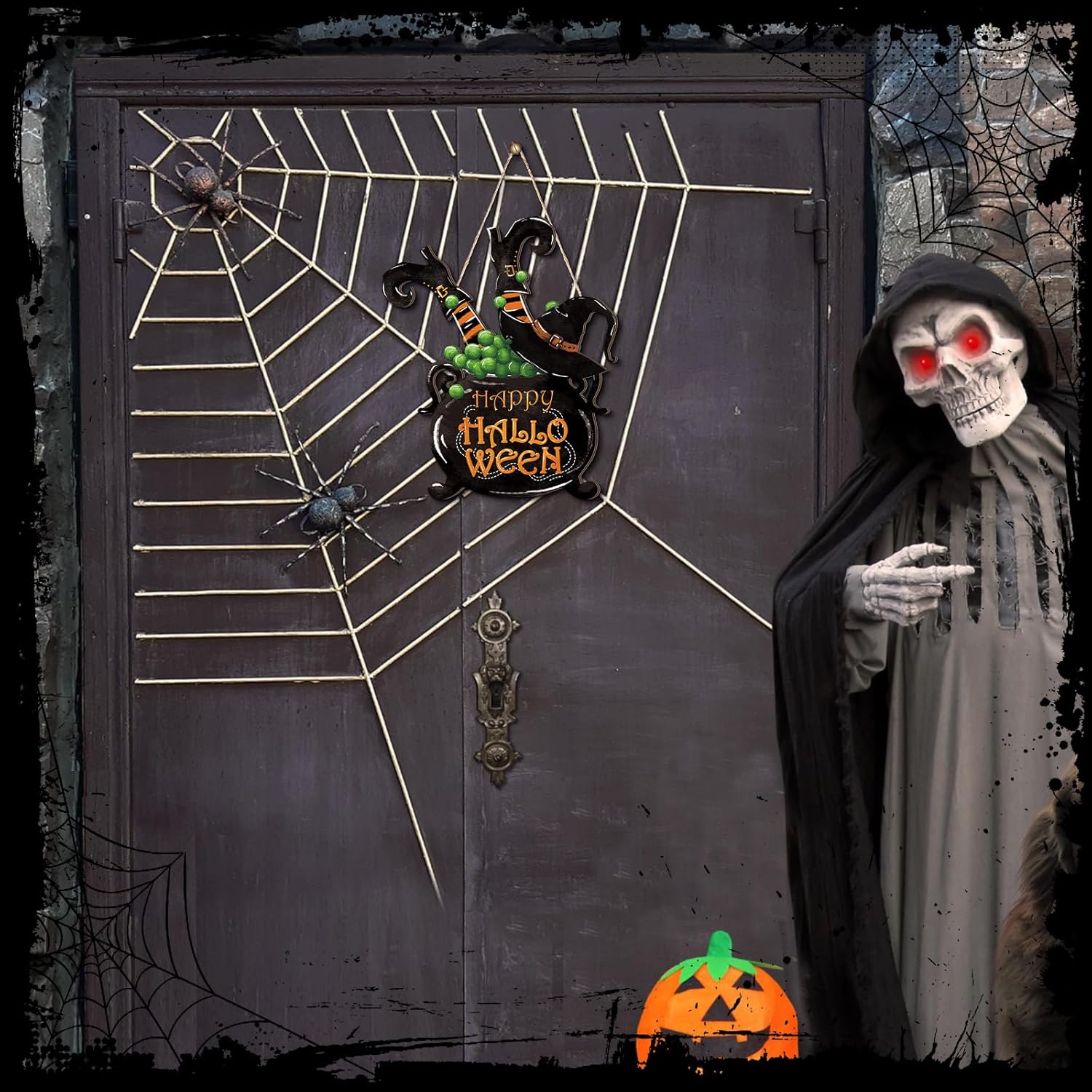 Barydat Halloween Welcome Door Sign Skeleton Pumpkin Wreath Decor