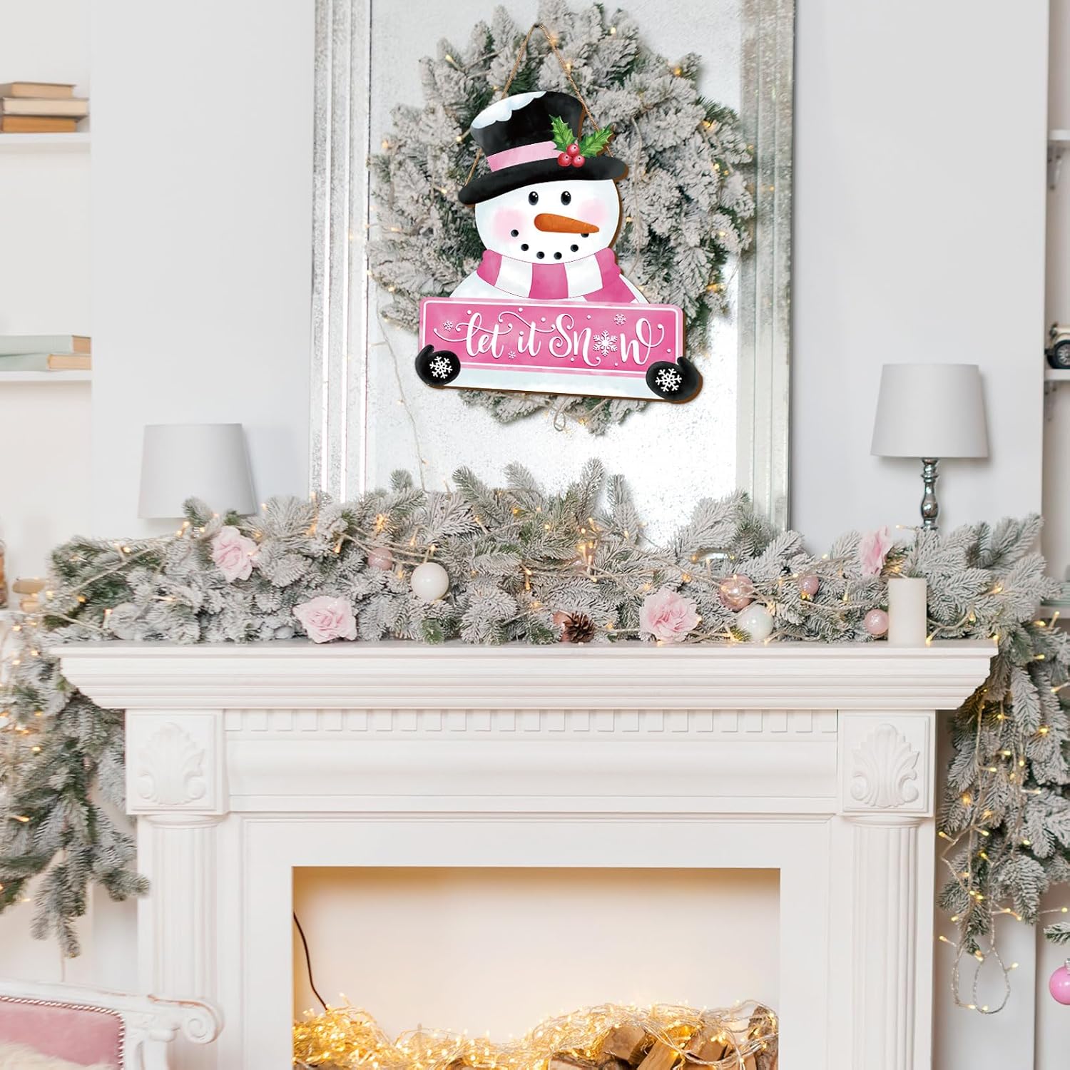Whaline Pink Snowman Wooden Door Hanger Sign