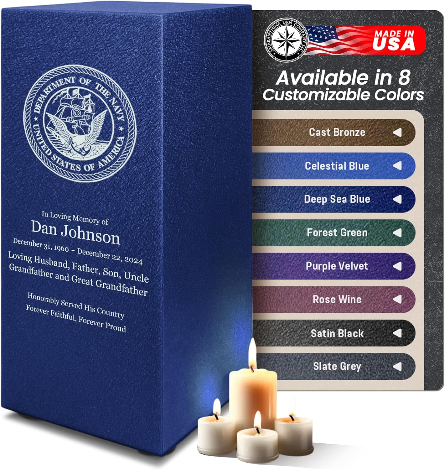 Navy Cremation Urn with Custom Text and Base - Made in USA