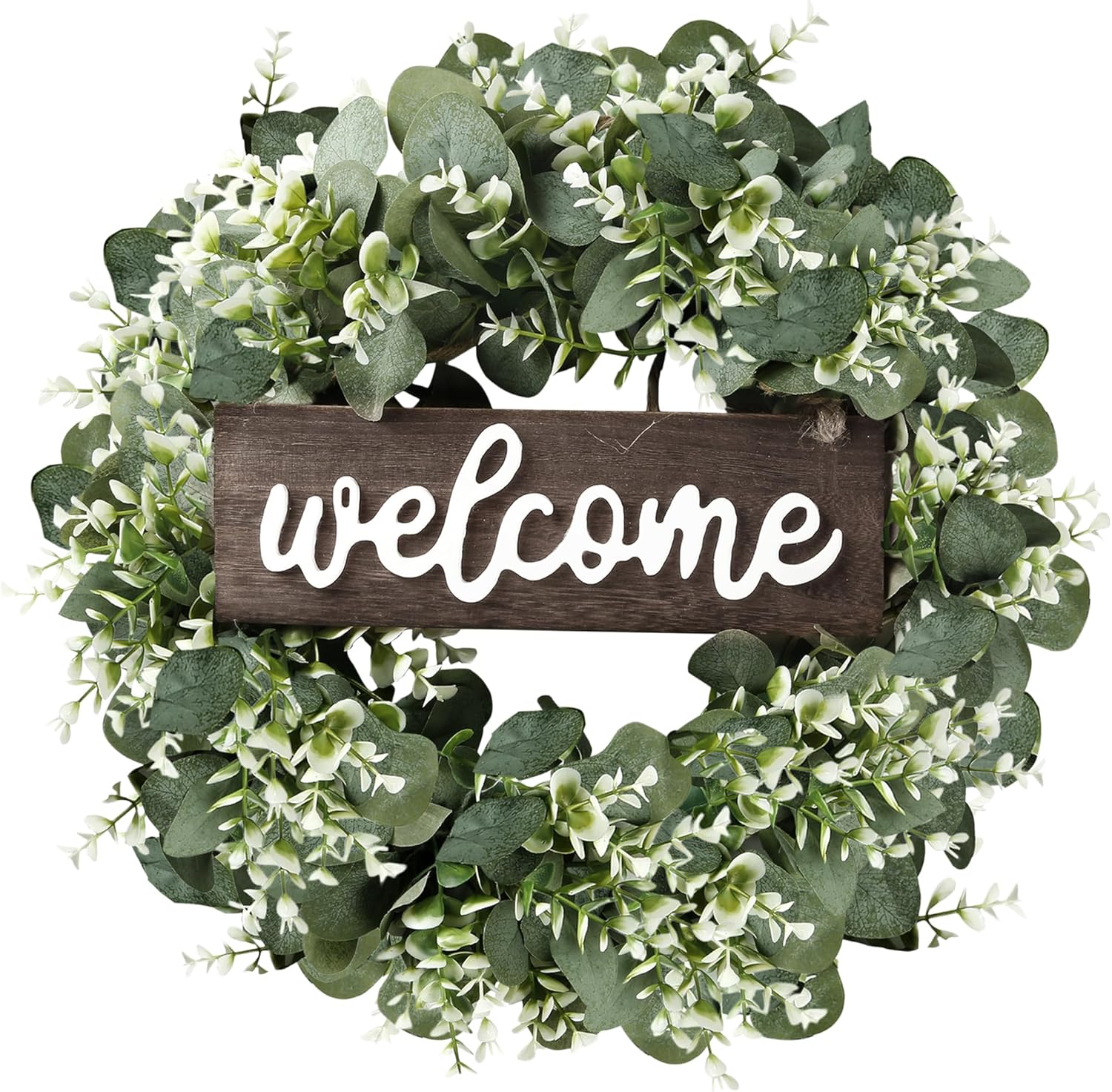 Sggvecsy 16in Artificial Eucalyptus Wreath with Welcome Sign