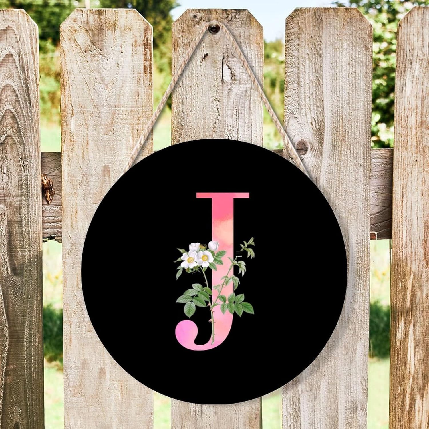 Farmhouse Front Door Hanger with White Flower and Pink Letter J