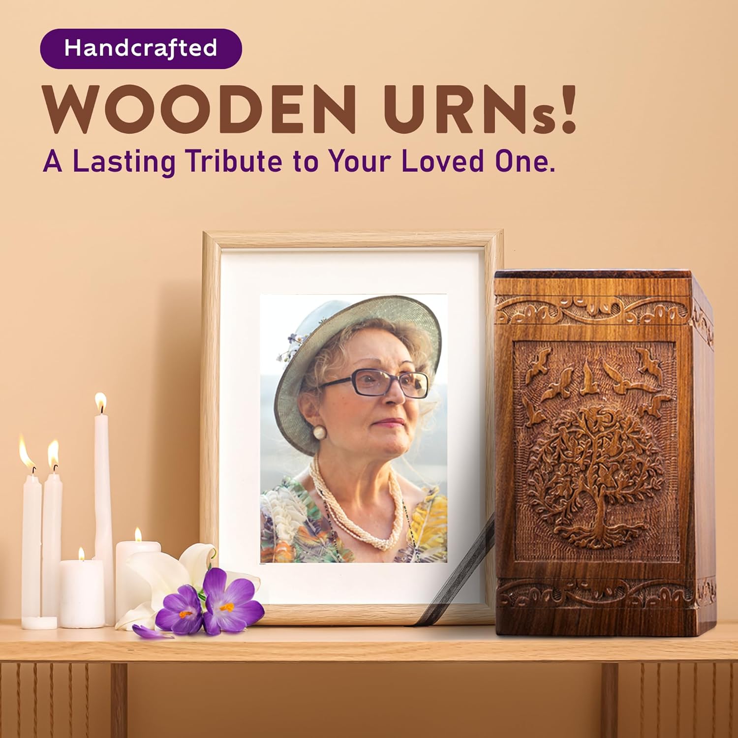 Tree of Life Wooden Cremation Urn Box for Human and Pet Ashes