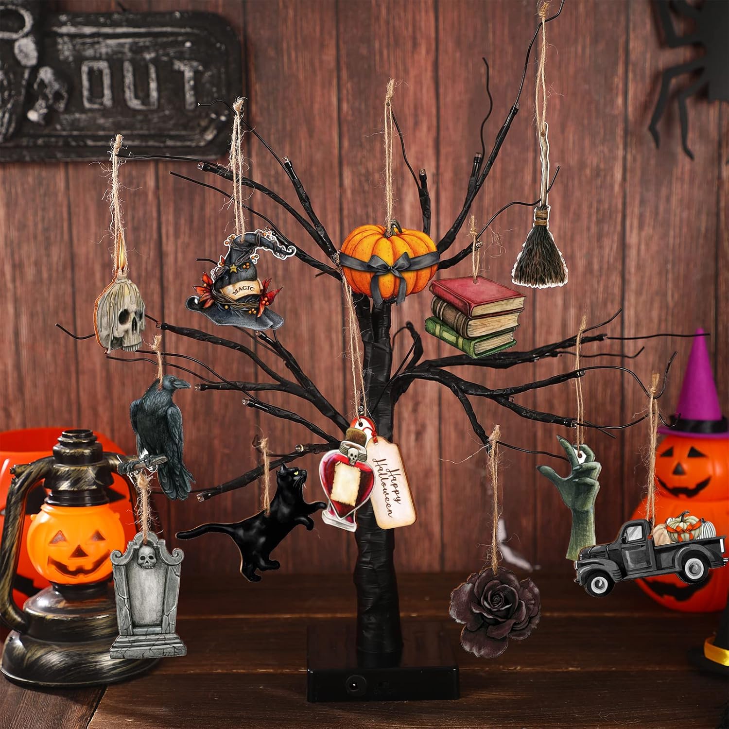 Maitys 36 Pcs Halloween Wooden Ornaments for Tree Decorations