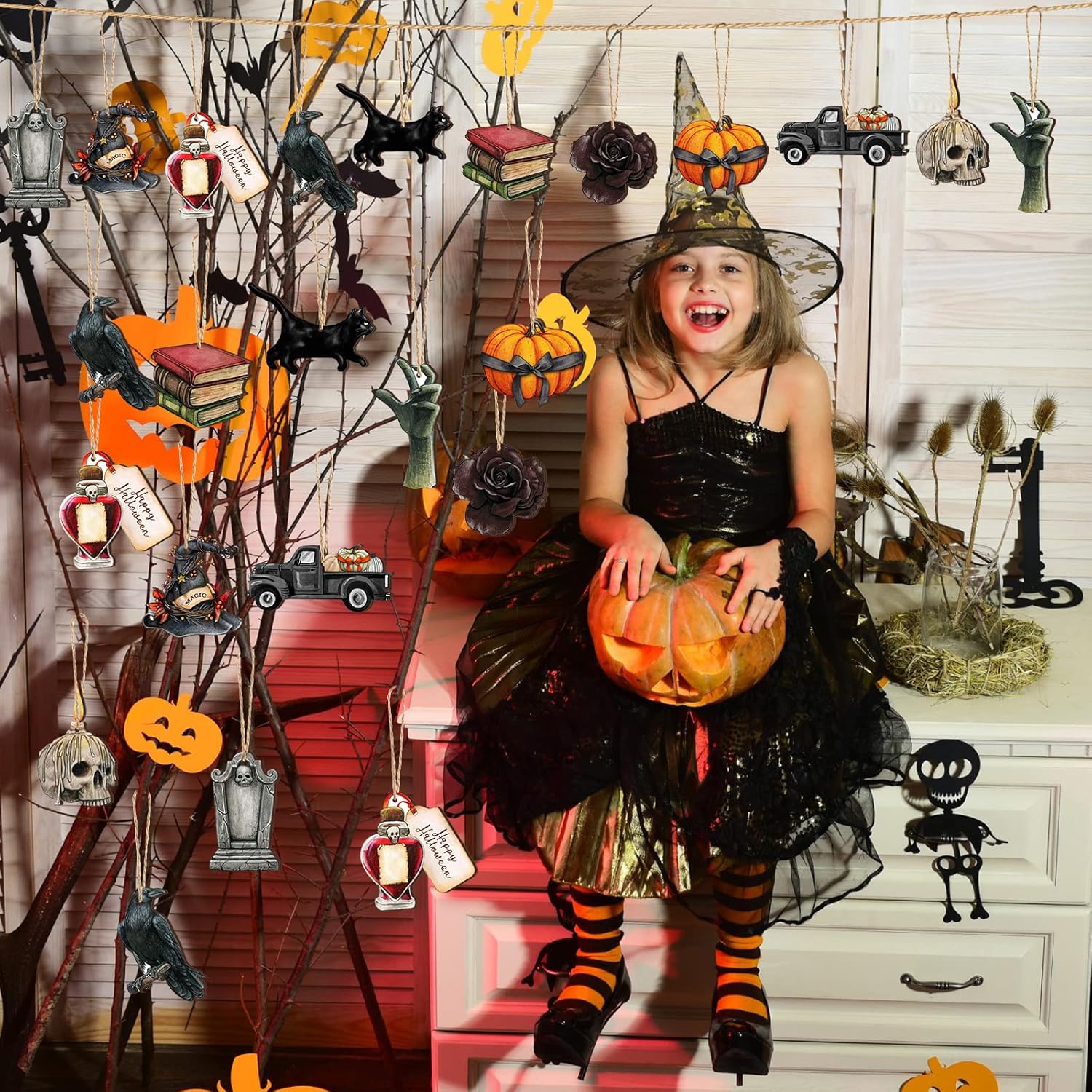 Maitys 36 Pcs Halloween Wooden Ornaments for Tree Decorations