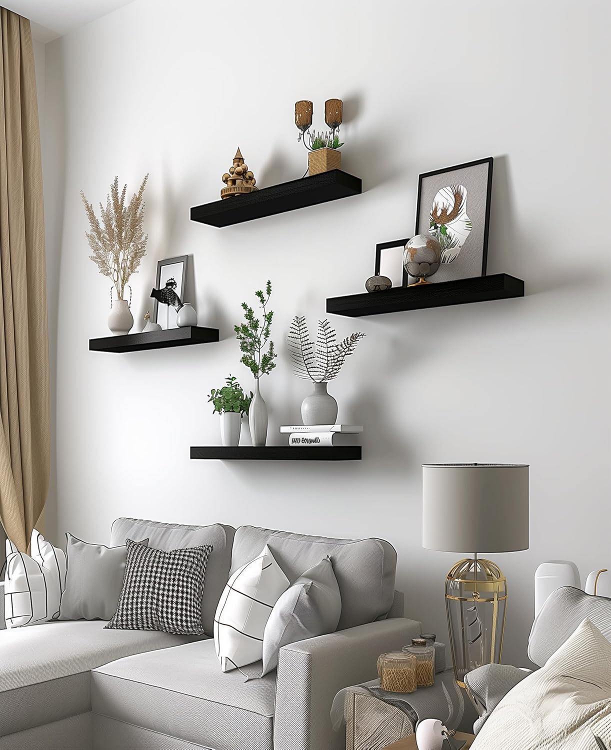 PHPH Wood Floating Shelves Set of 6 Black 17 Inch