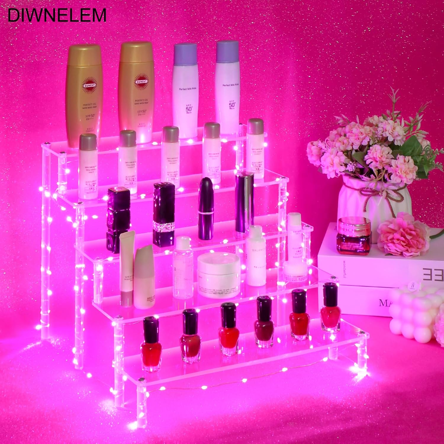 DIWNELEM 5 Tier Acrylic Display Riser with Pink LED Light