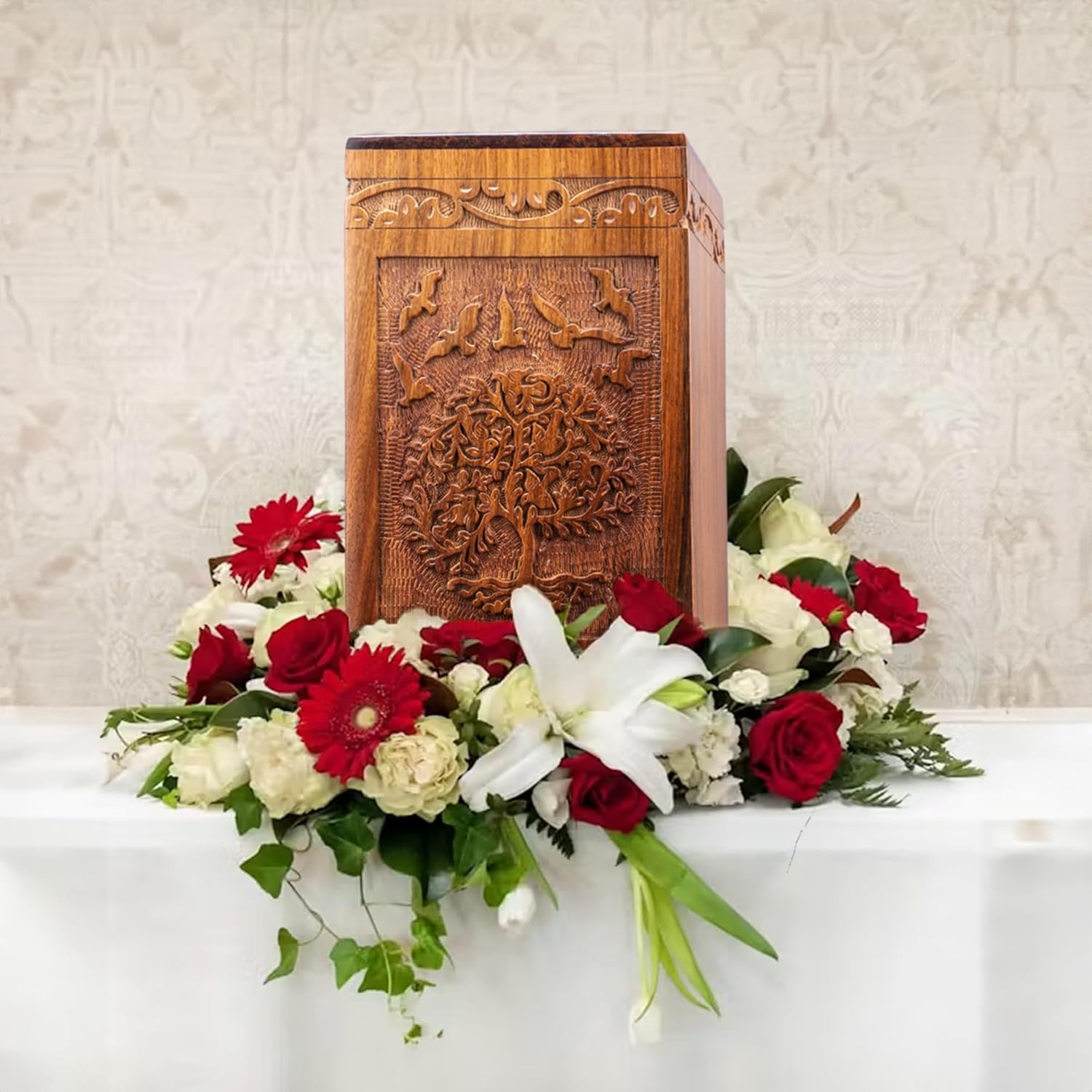 Tree of Life Wooden Cremation Urn Box for Human and Pet Ashes