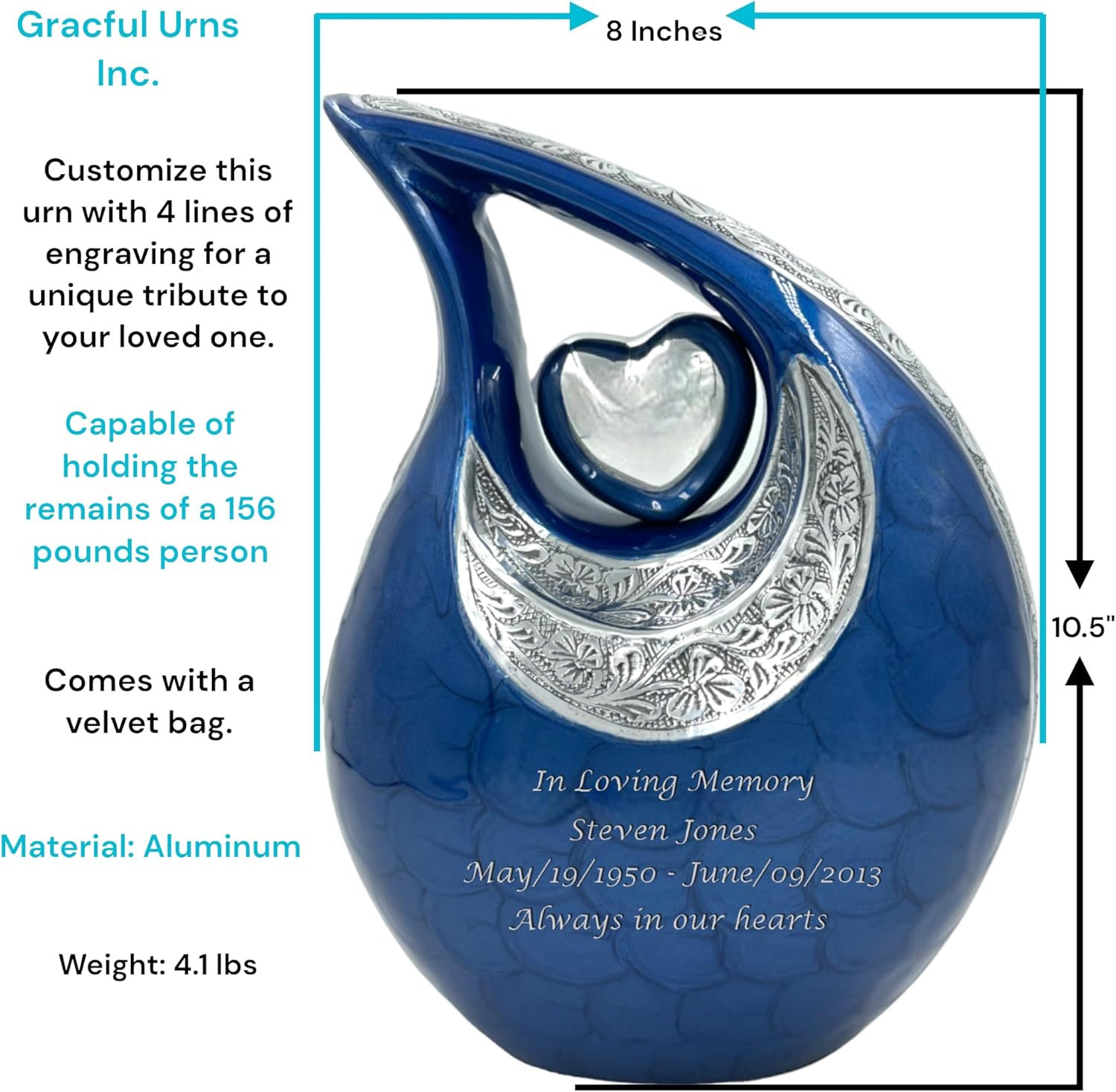 Elegant Blue Teardrop Cremation Urn for Human Ashes