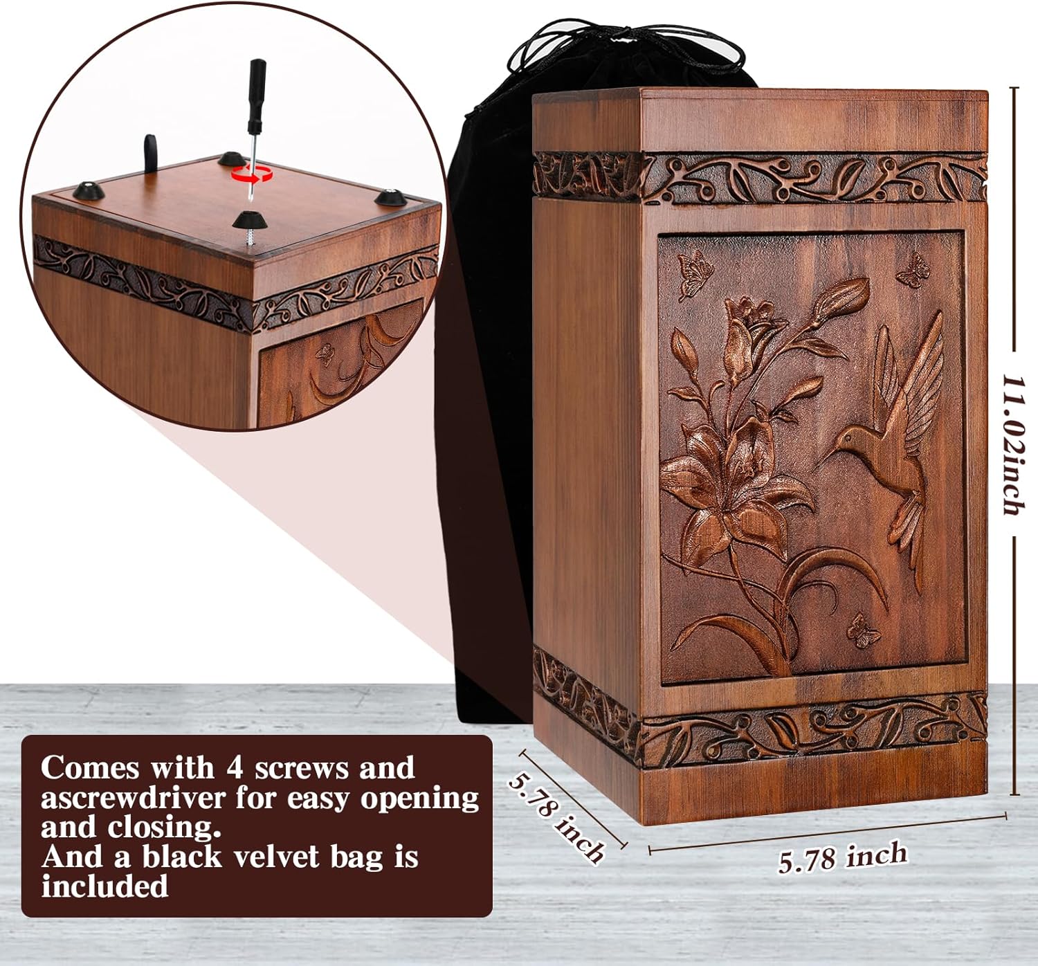 Handcrafted Wooden Cremation Urn with Hummingbird Design
