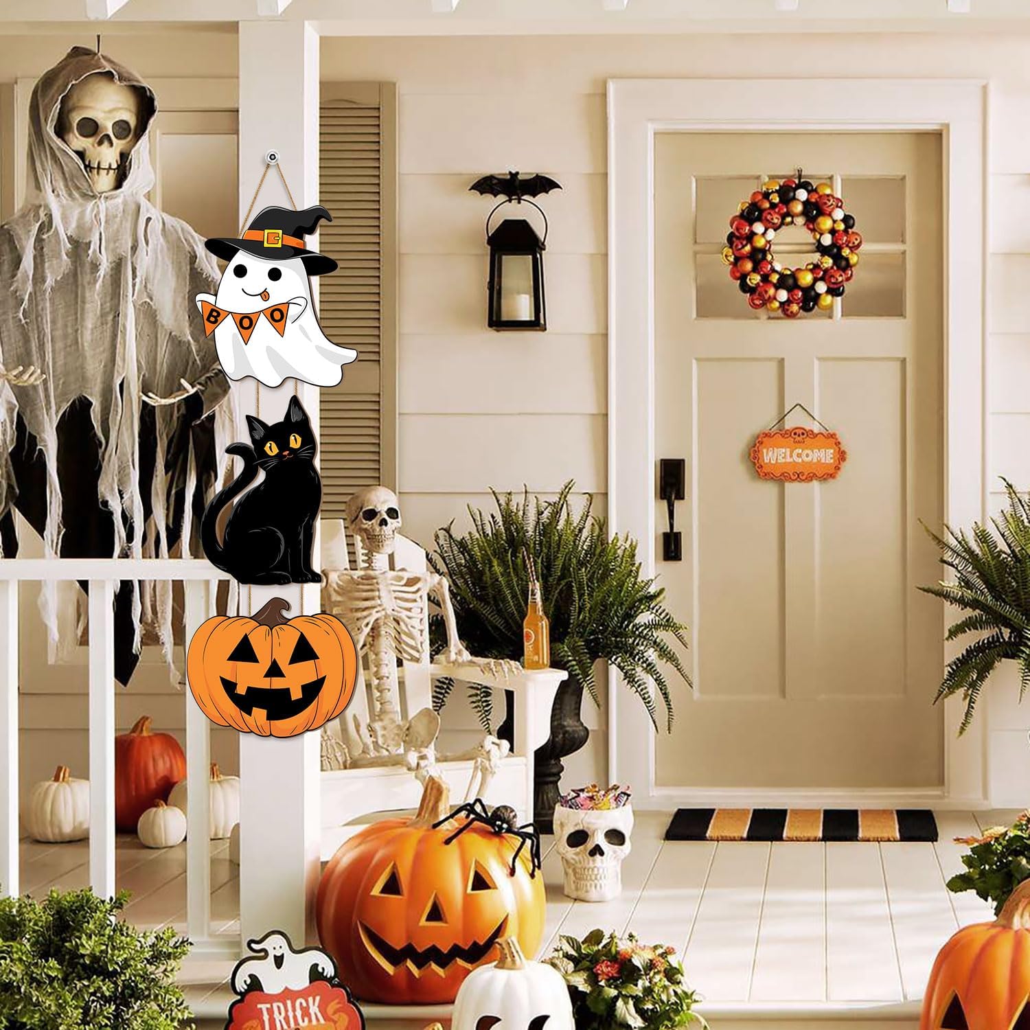 Halloween Decor Wooden Sign with Ghost and Cat