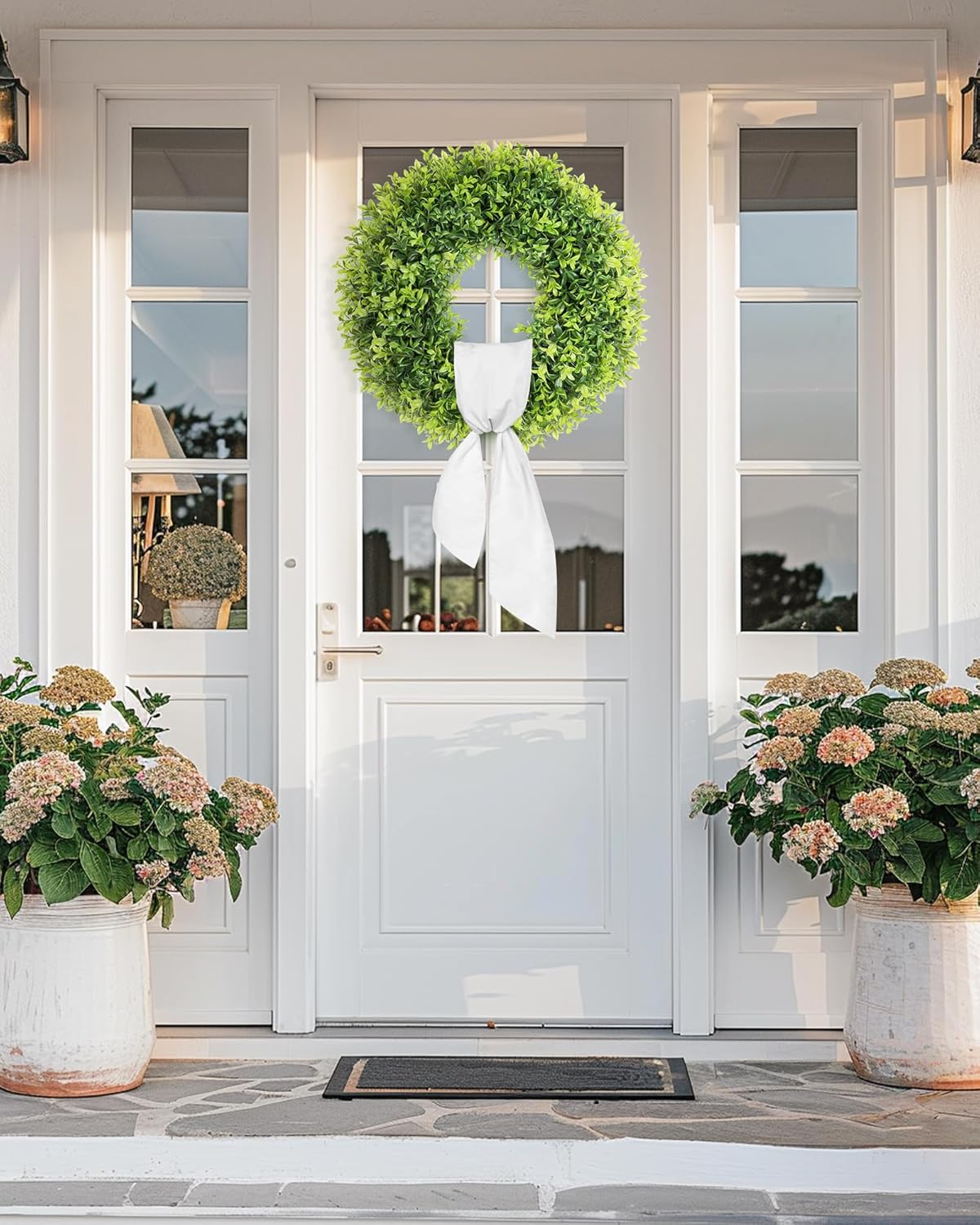 22 Inch Artificial Boxwood Wreath with Sash for Front Door