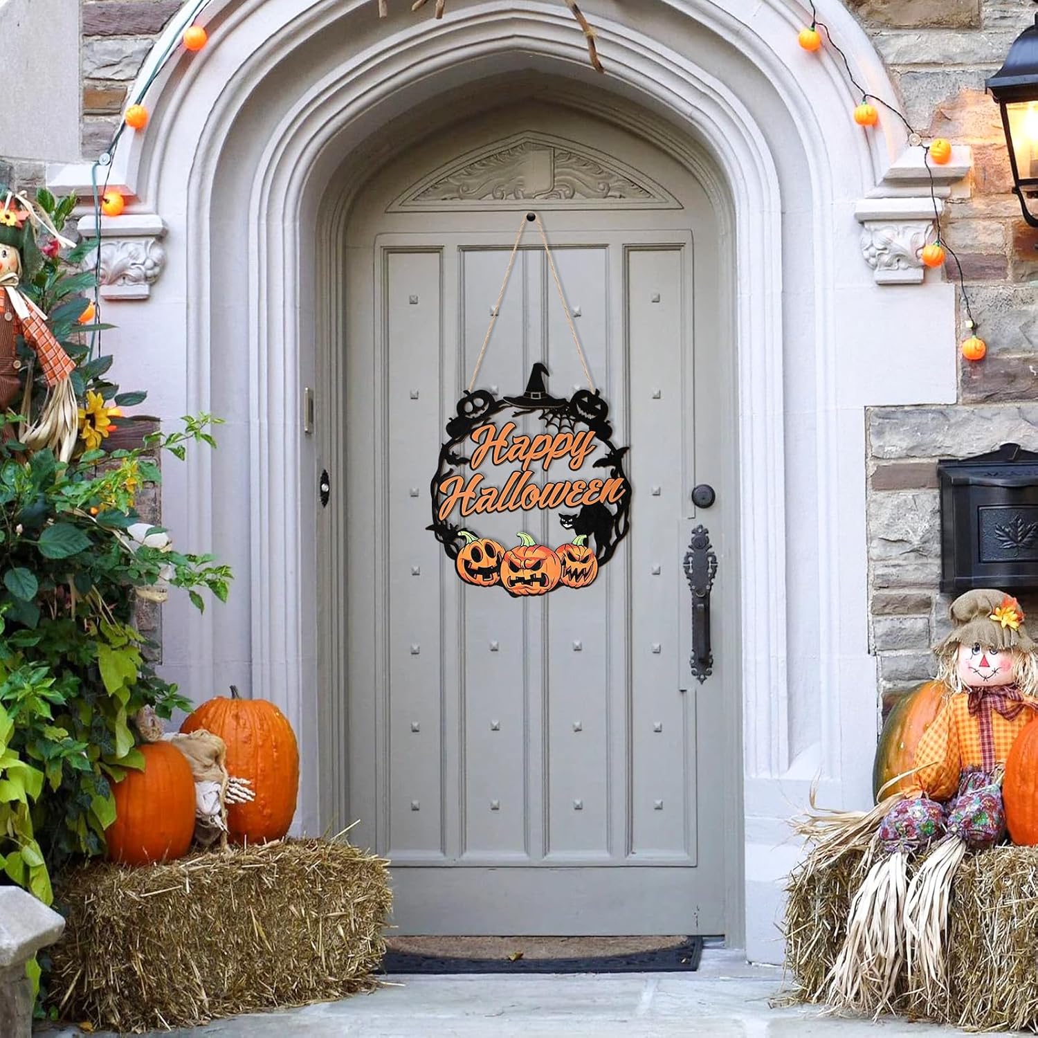 Sophena Halloween Door Wreath with Pumpkin and Black Cat Sign