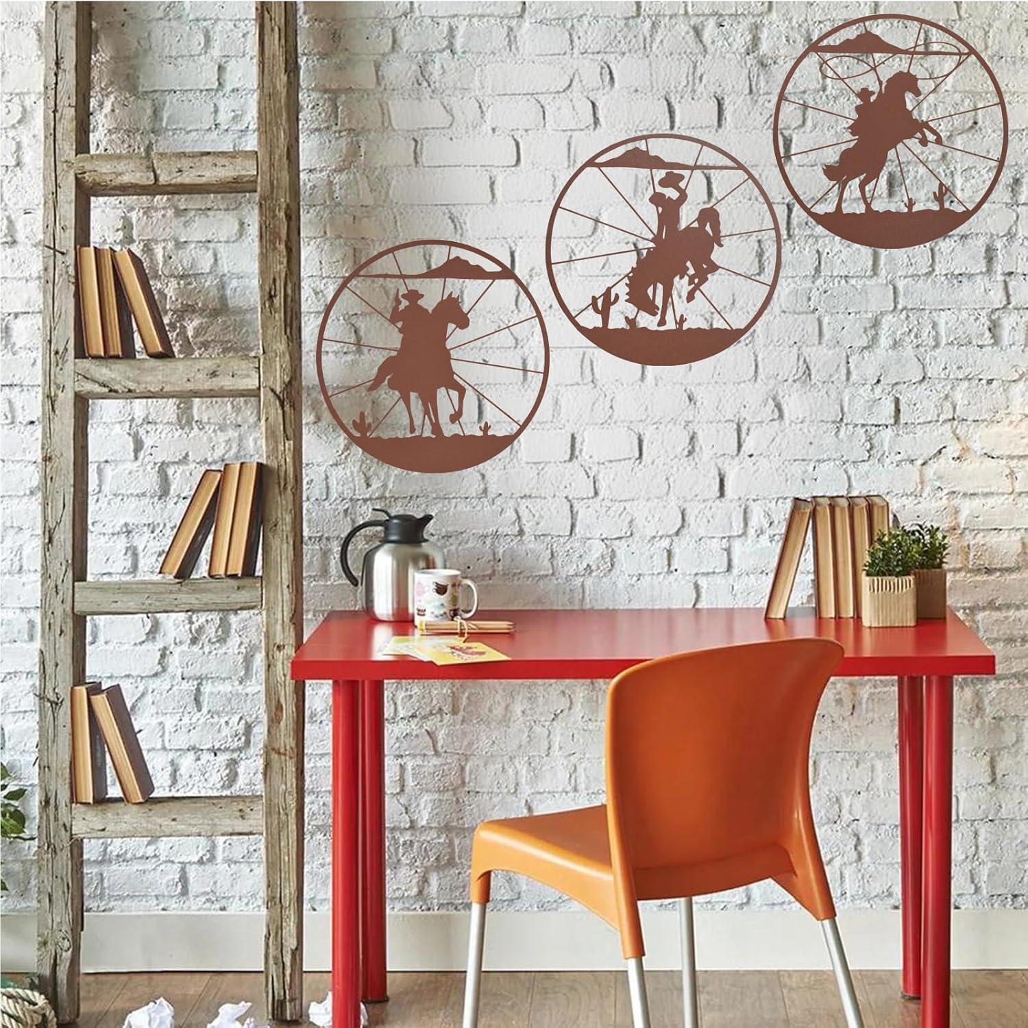 QZGXDECO 98 Inch Western Cowboy Wall Art Decor 3PCS Rust