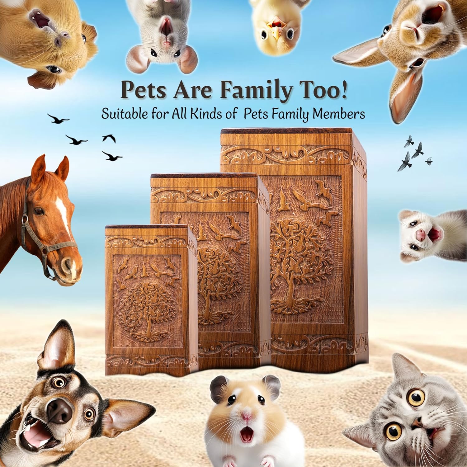 Tree of Life Wooden Cremation Urn Box for Human and Pet Ashes