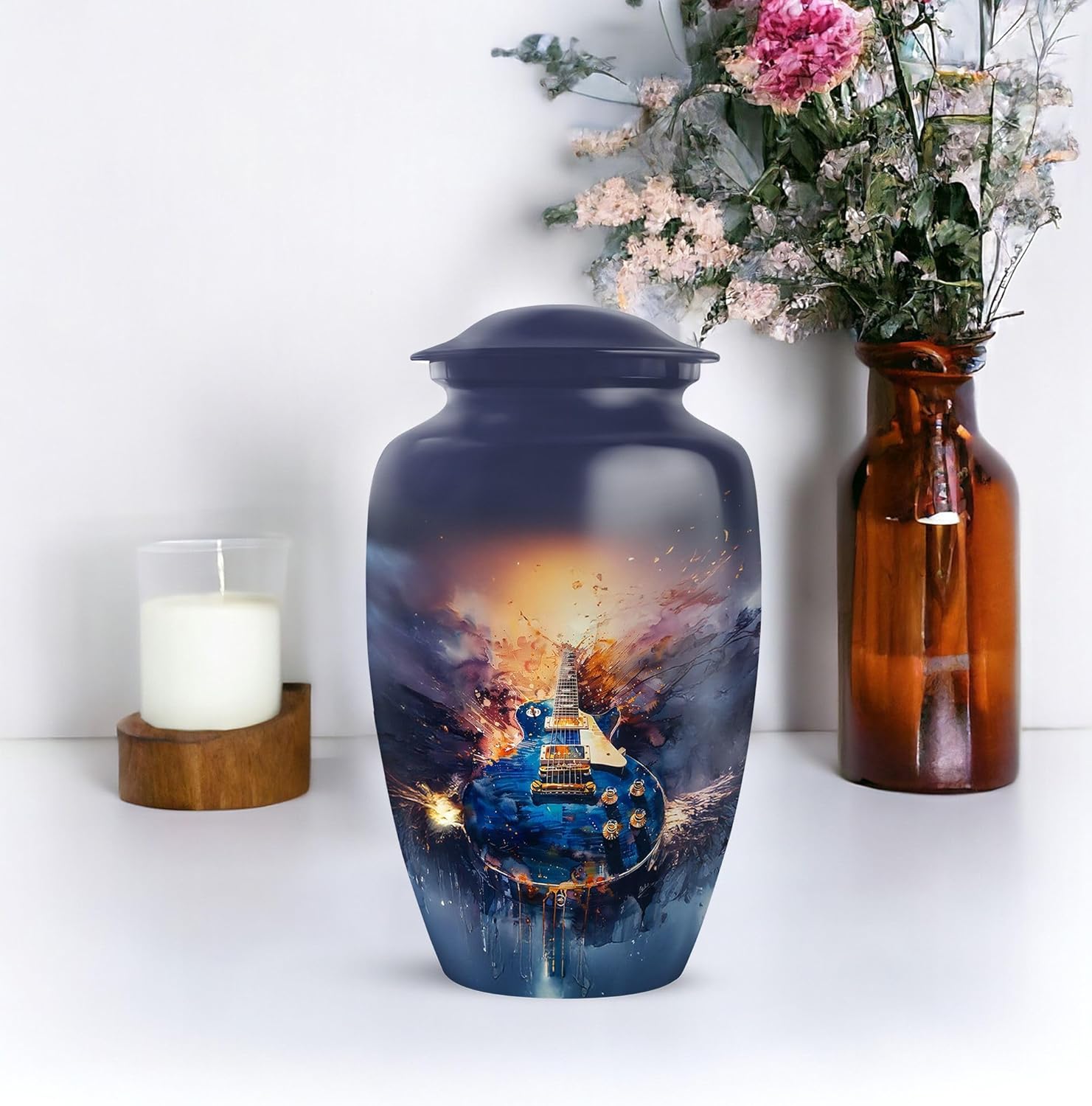 Guitar Cremation Urn for Human Ashes Dark Blue 10 Inch