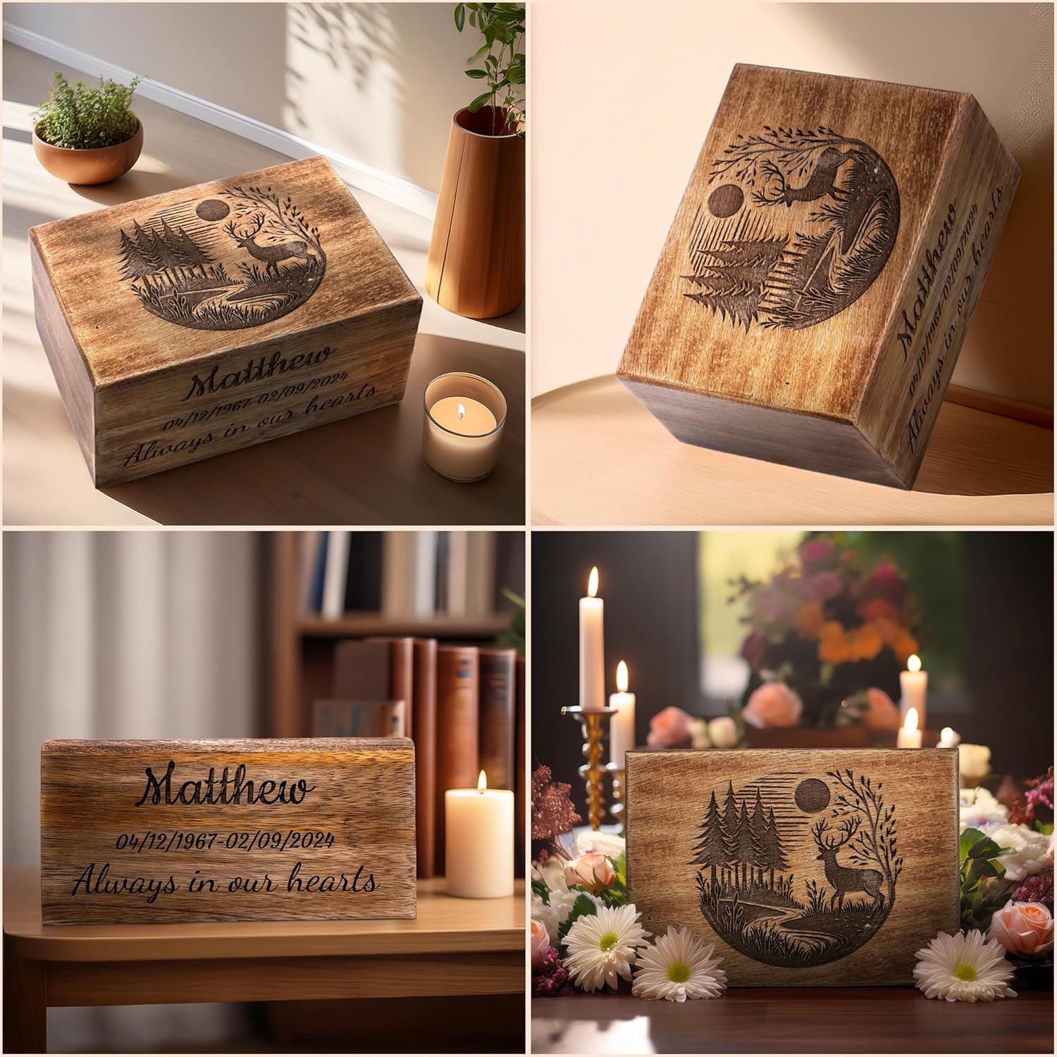 Mango Wood Cremation Urn with Deer Engraving