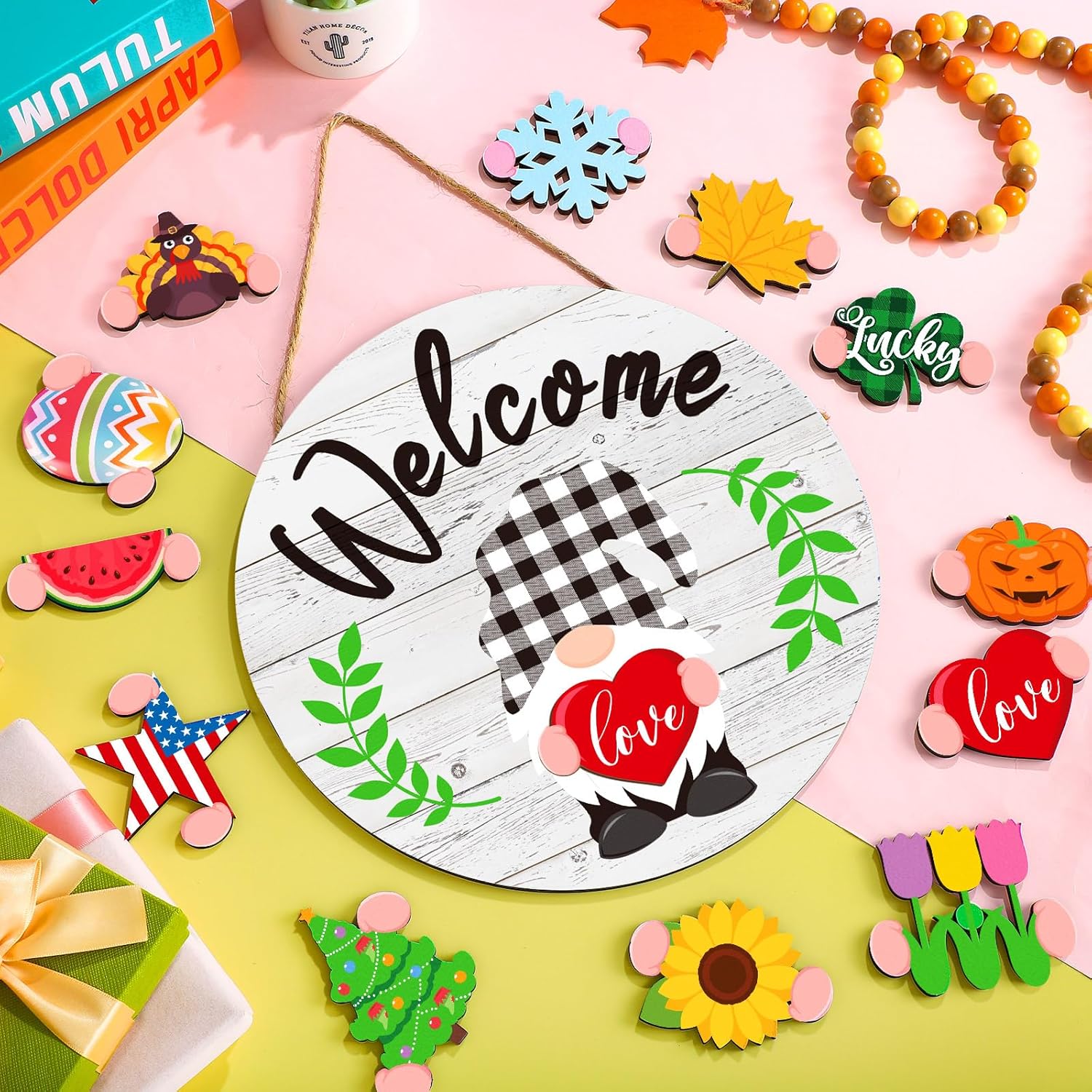 Geetery 12 Inch Decorative Welcome Sign with Interchangeable Holiday Symbols
