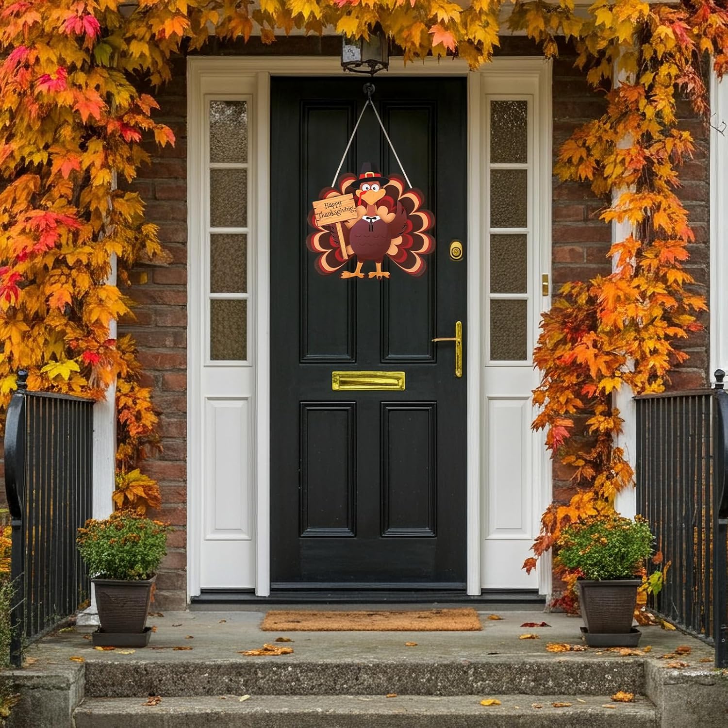 COCHIE Thanksgiving Turkey Wooden Wreath Sign for Front Door