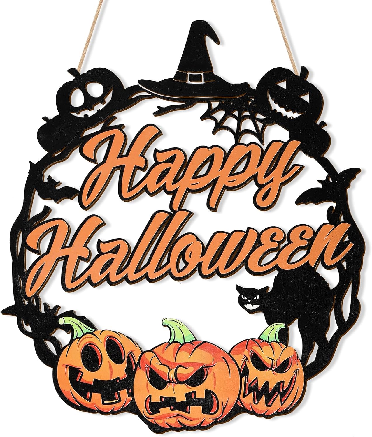 Sophena Halloween Door Wreath with Pumpkin and Black Cat Sign