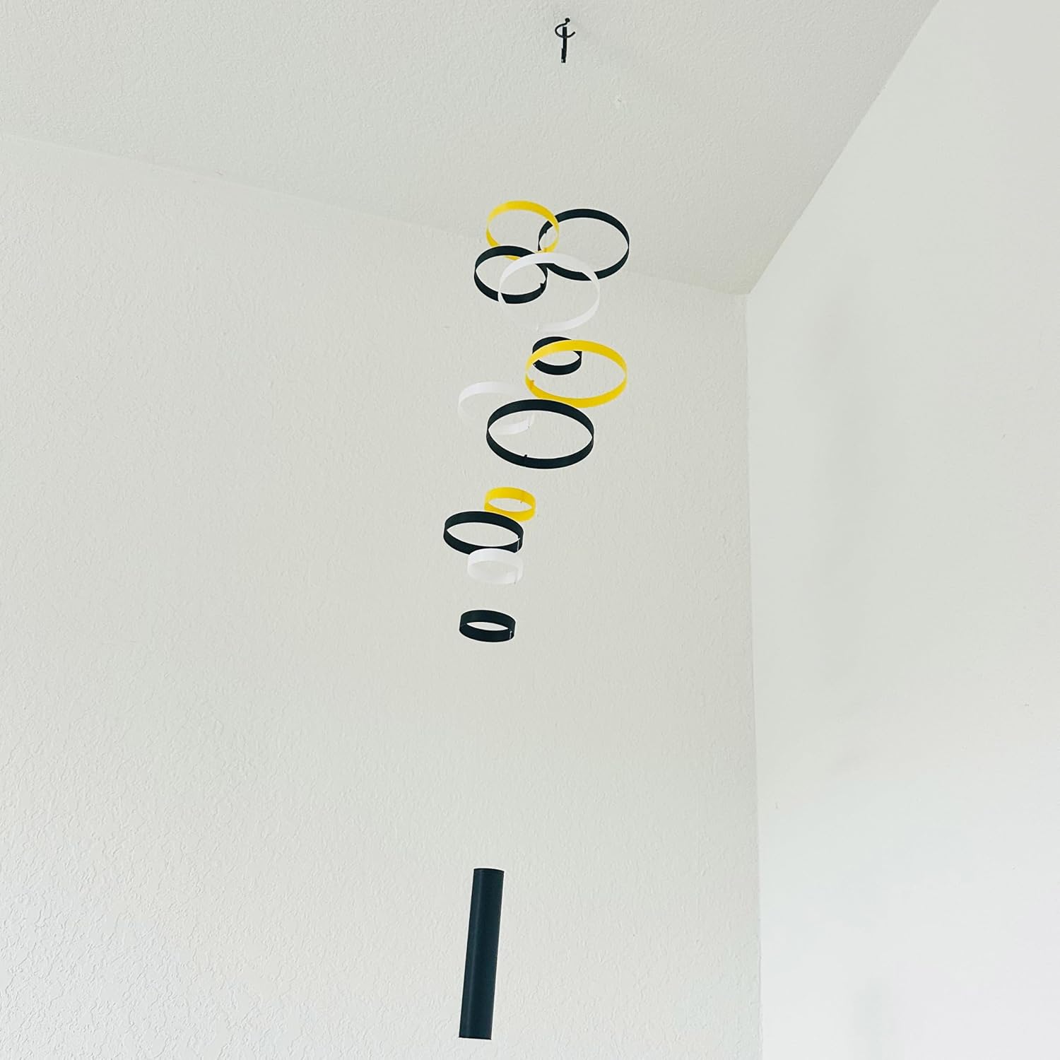 Whirlwind Kinetic Mobile with 12 Rings in Black Yellow and White