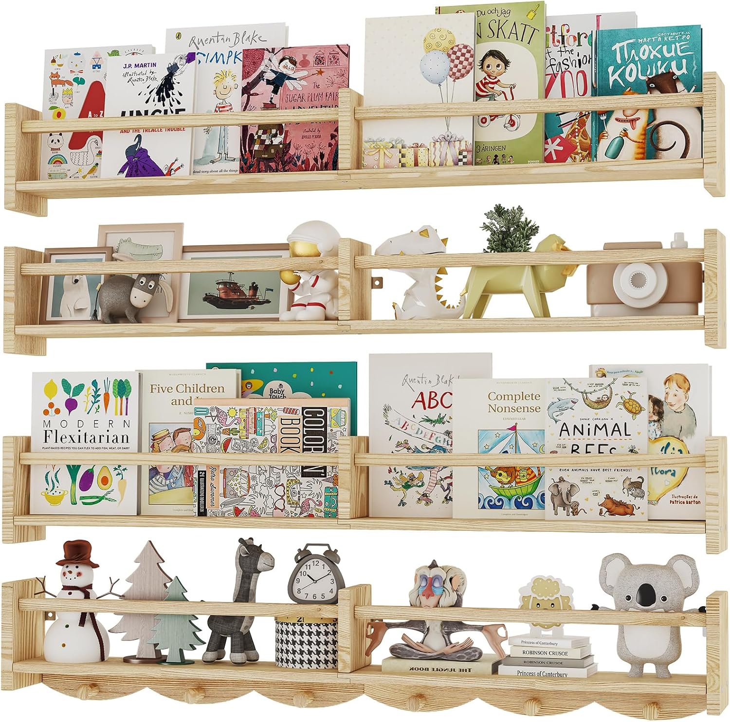 34 Inch Wall Floating Bookshelf Set of 4 with Hooks
