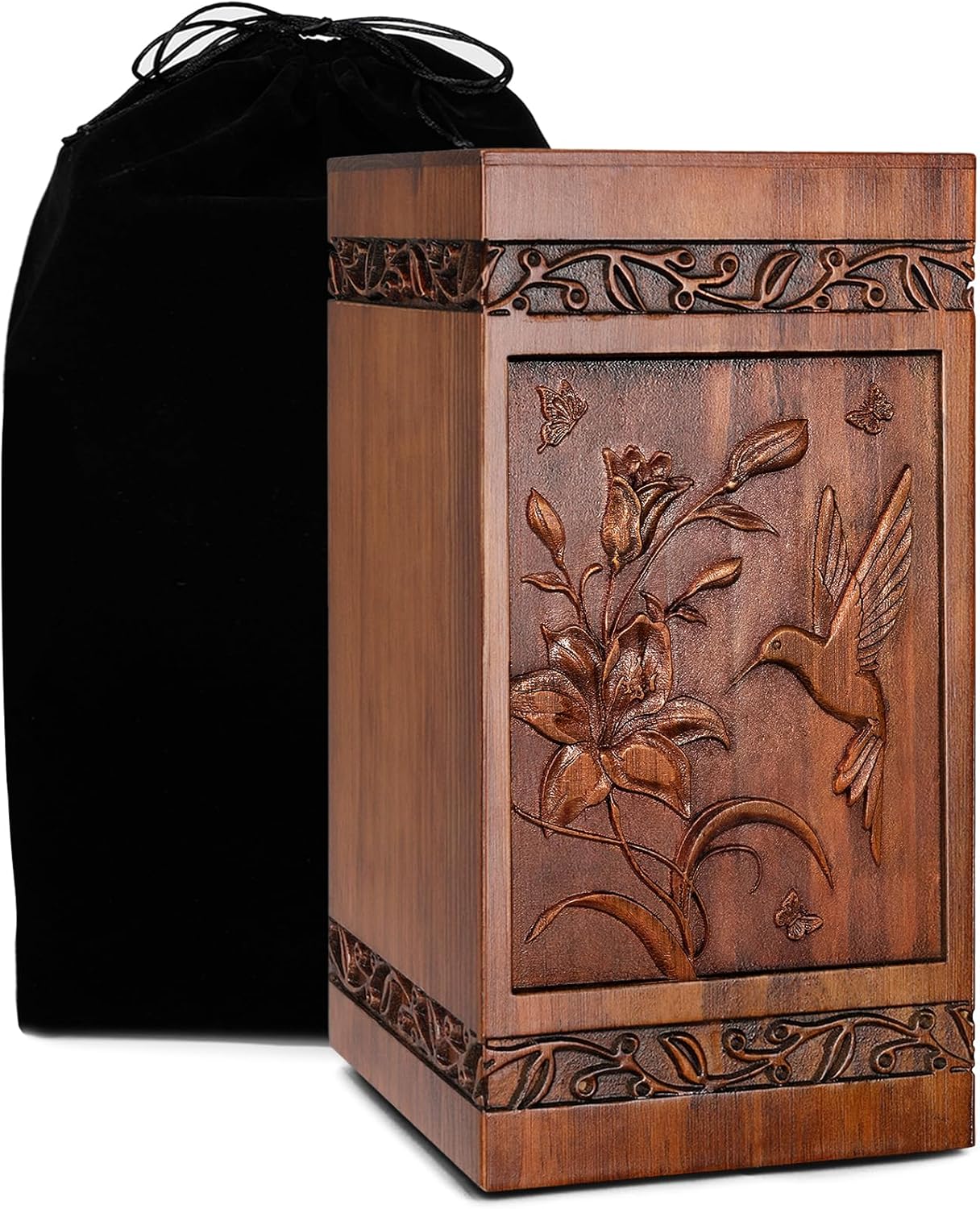 Handcrafted Wooden Cremation Urn with Hummingbird Design