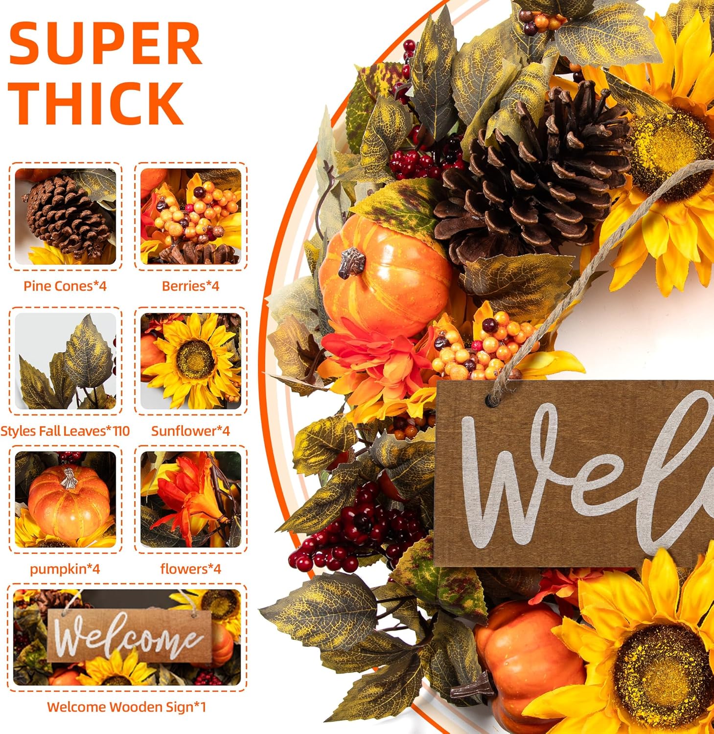 20 Inch Fall Wreath with Welcome Sign Decor