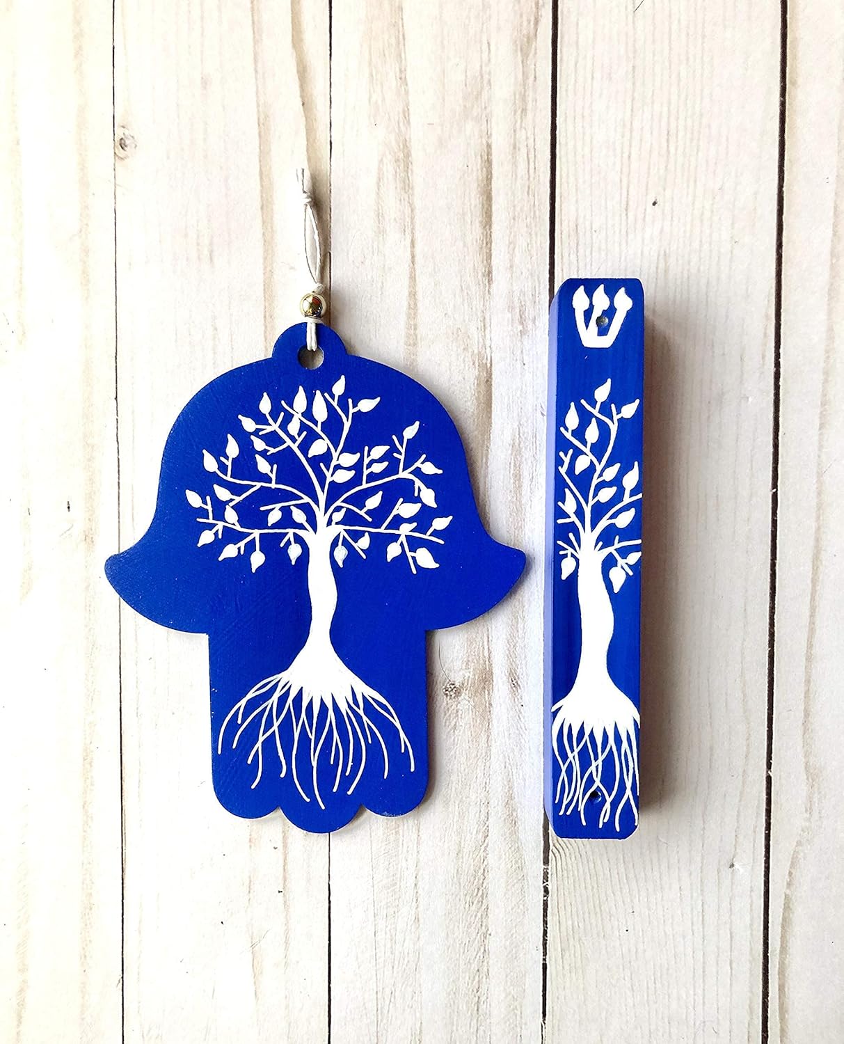 Tree of Life Hamsa Mezuzah Gift Set Dark Blue