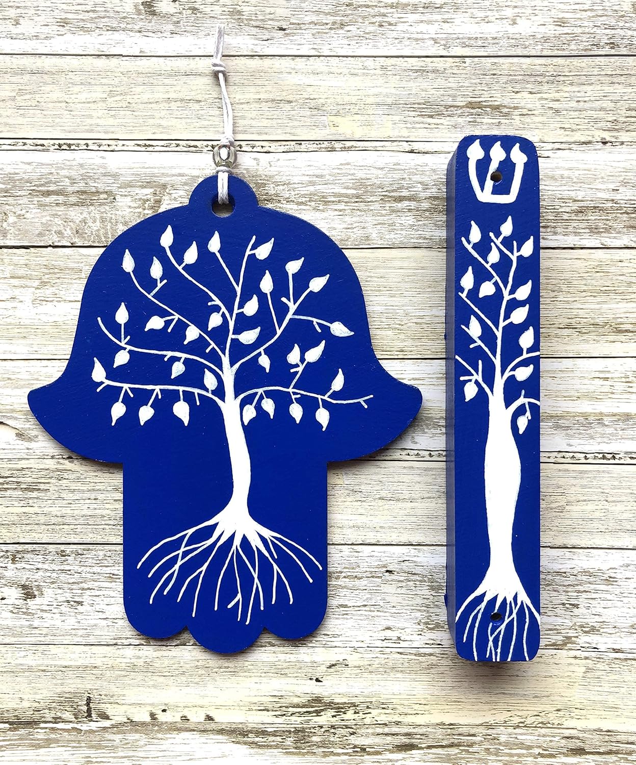 Tree of Life Hamsa Mezuzah Gift Set Dark Blue