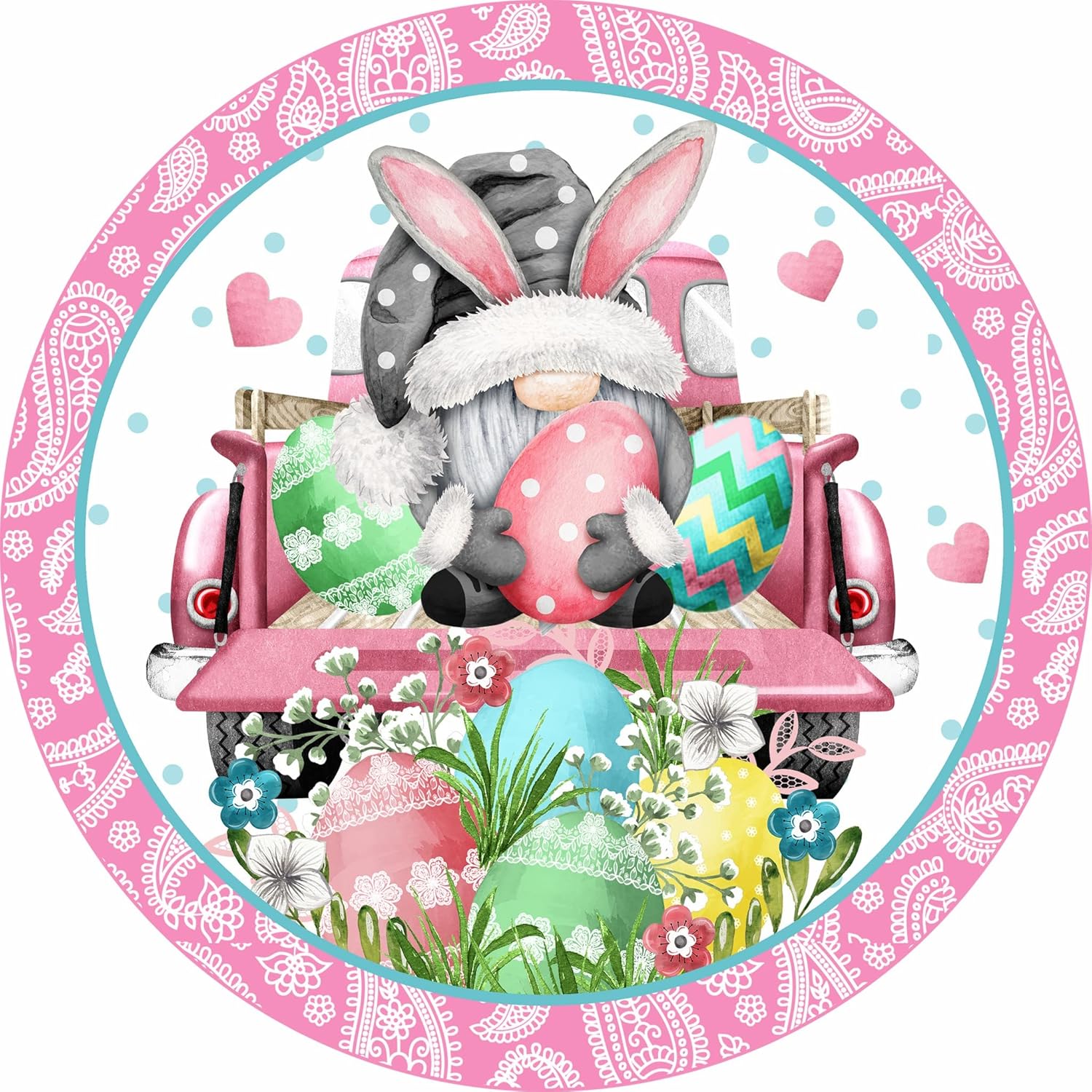 Spring Easter Bunny Gnome Truck Metal Sign 12x12