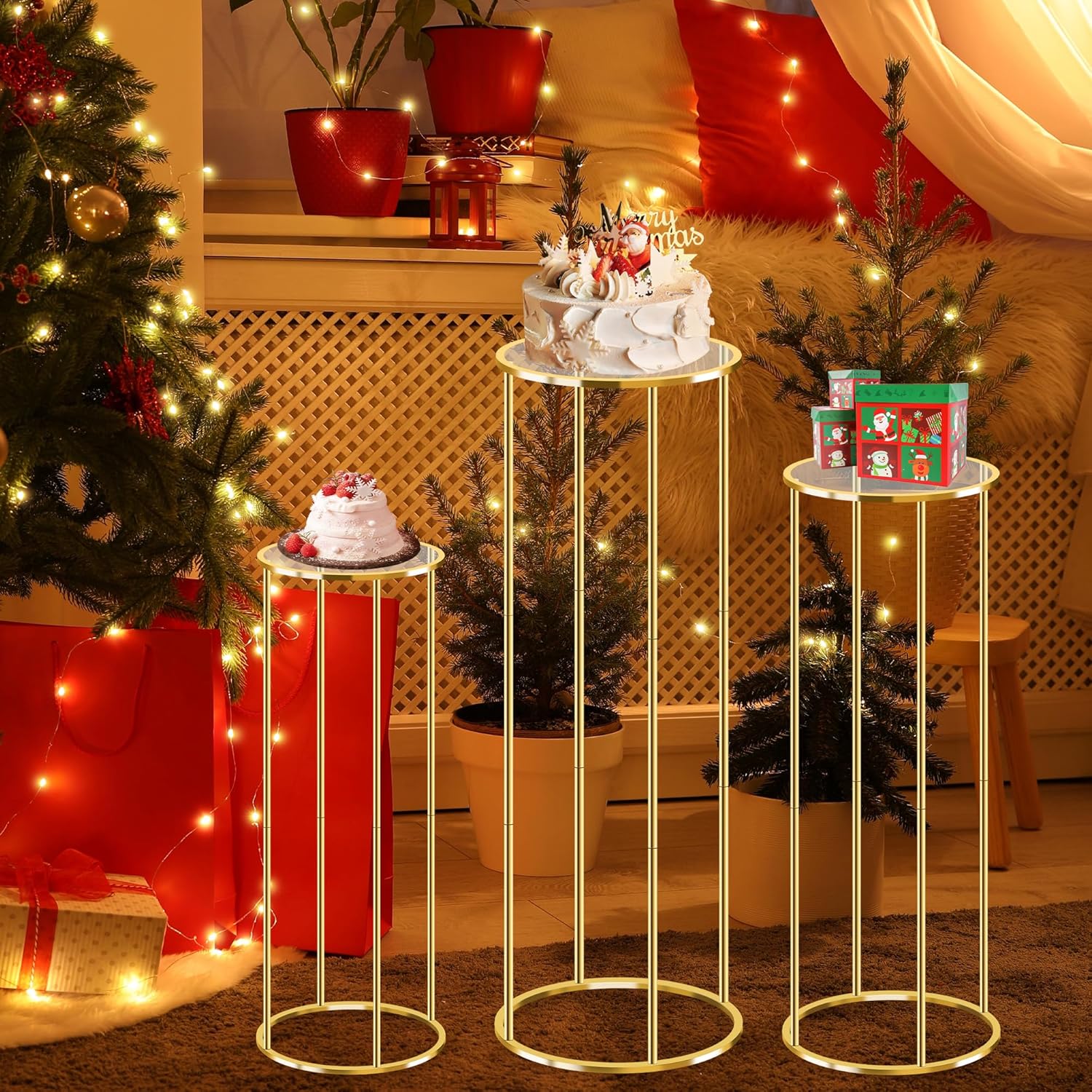 3PCS Gold Metal Cylinder Pedestal Stands For Party Decor