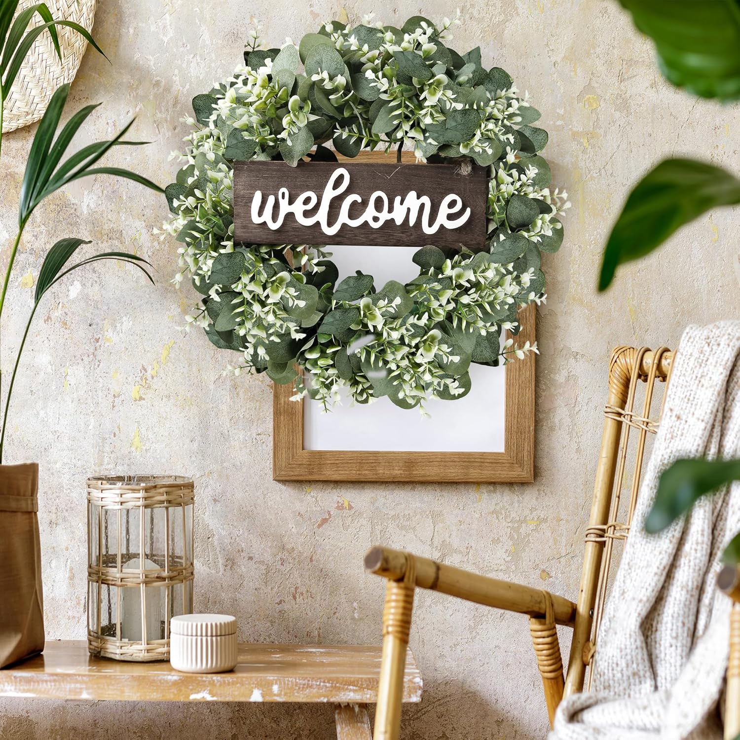 Sggvecsy 16in Artificial Eucalyptus Wreath with Welcome Sign