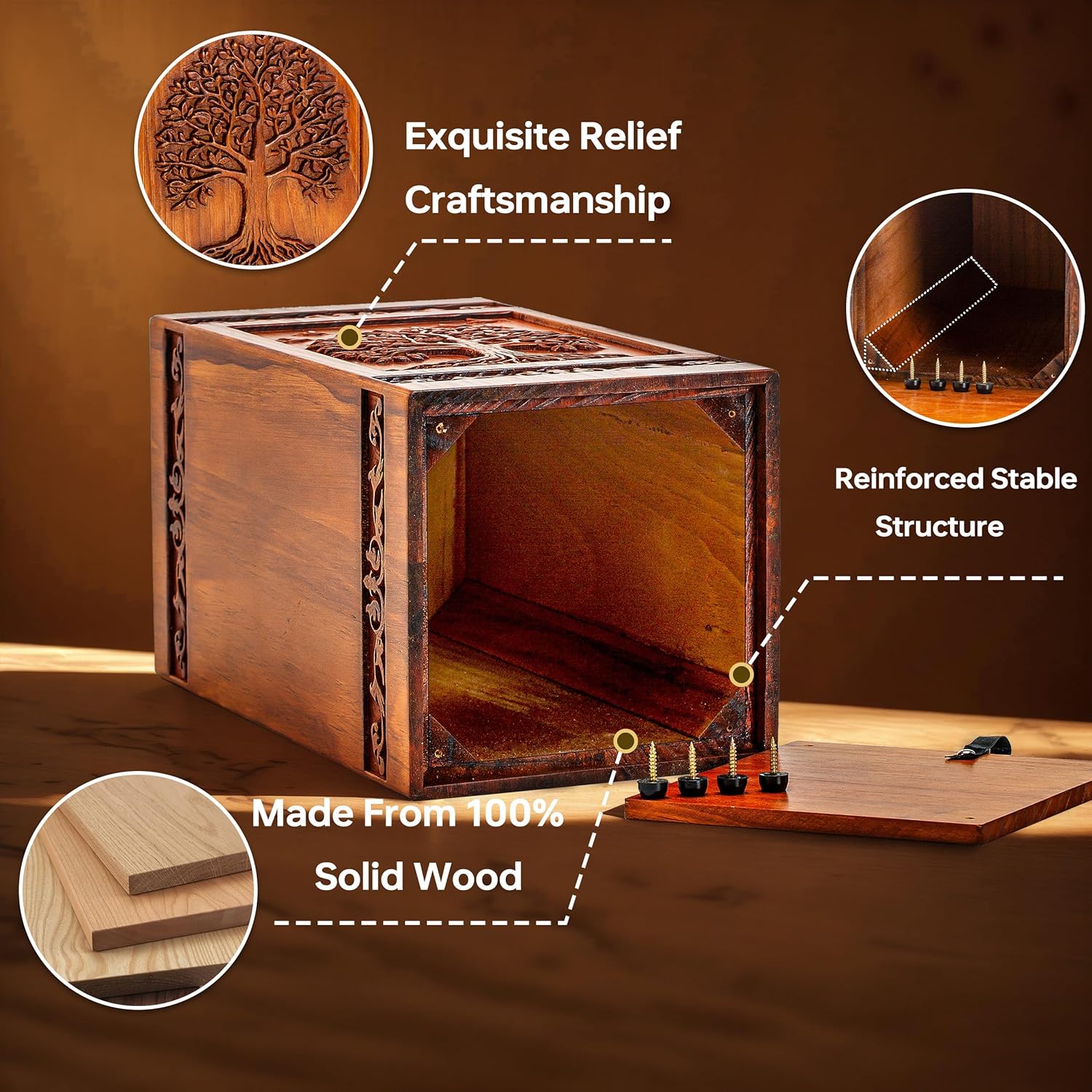 Tree of Life Wooden Urn for Human Ashes - 250 lbs Capacity