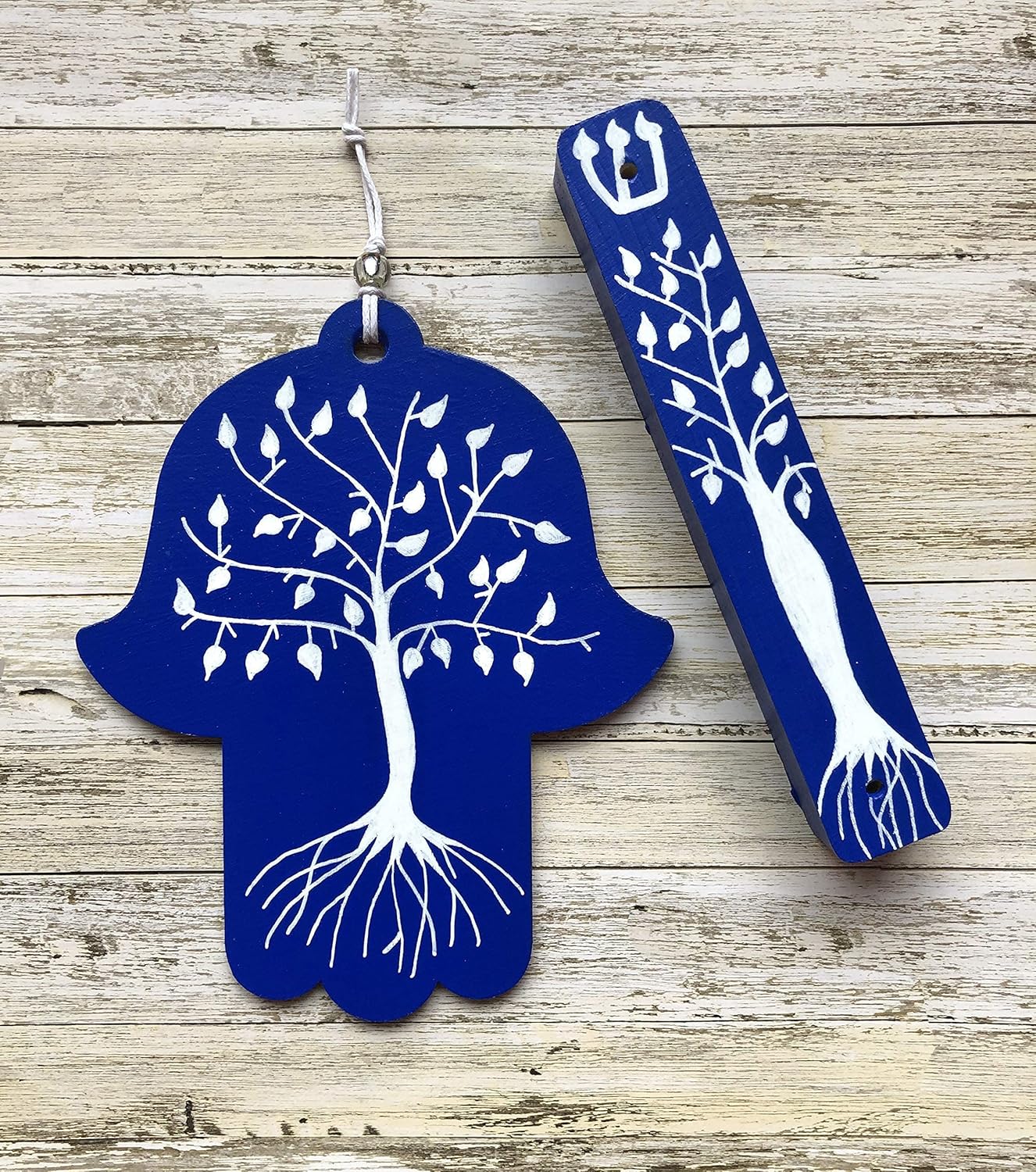 Tree of Life Hamsa Mezuzah Gift Set Dark Blue