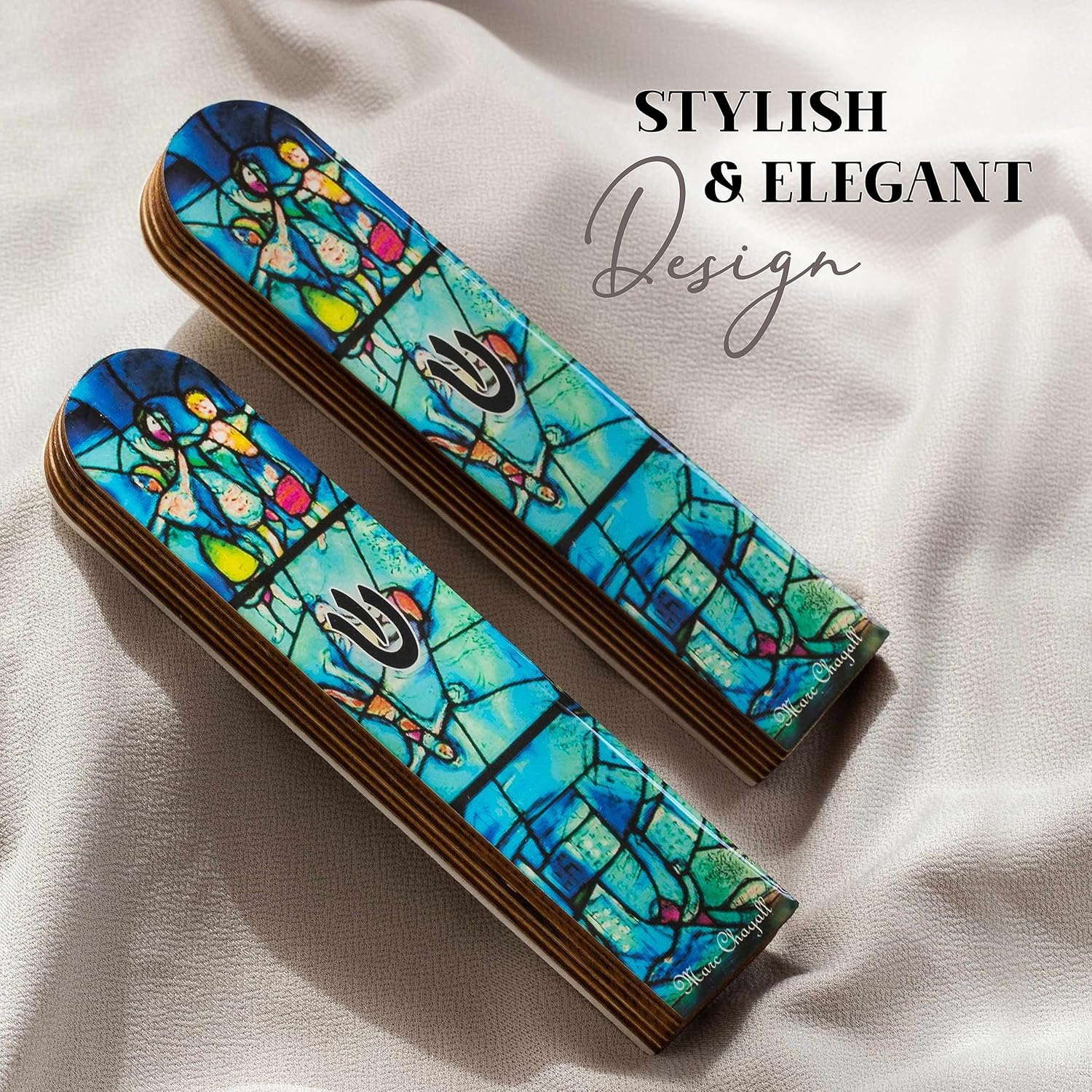 SURI Wooden Mezuzah with Turquoise Design 5 Easy Install Judaica